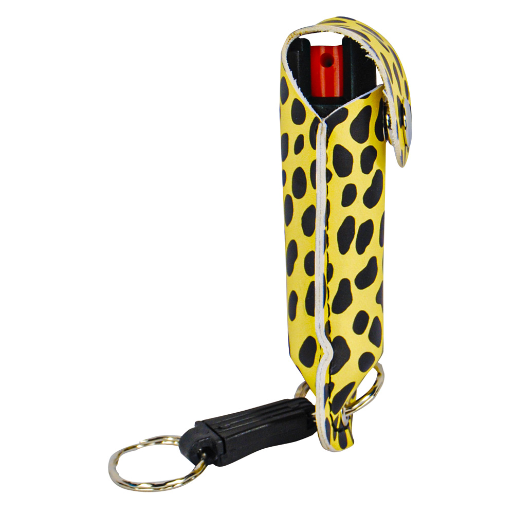 Pepper Shot 1.2% MC 1/2 oz pepper spray fashion leatherette holster and quick release keychain cheetah black/yellow view 4